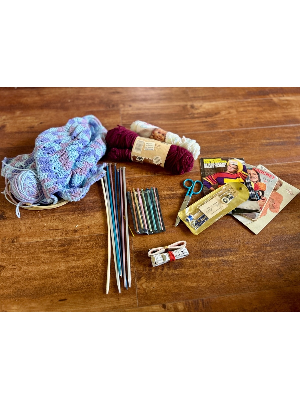 Vintage Knitting and Crochet Kit with Yarn, Needles, Hooks, and Pattern Books
